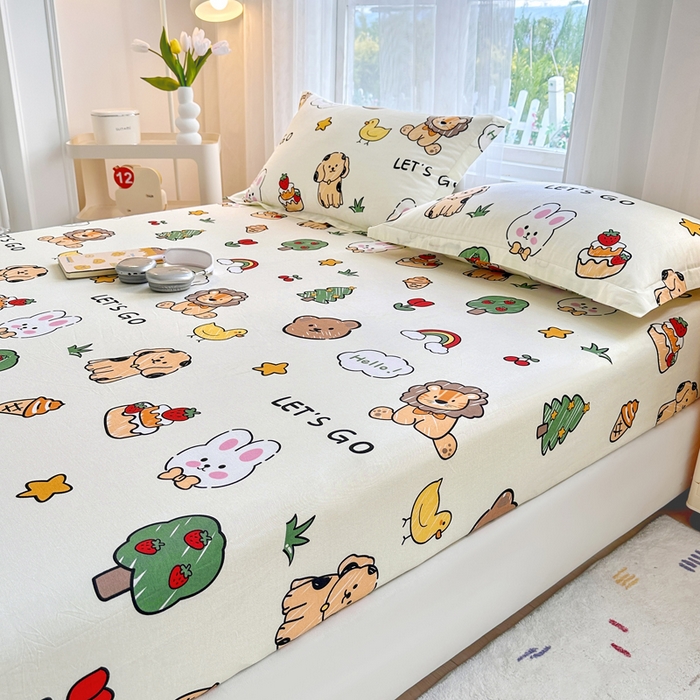 91家纺网 家纺一手货源 找家纺 金盛纺 2025新款13372全棉印花单品床笠 动物园