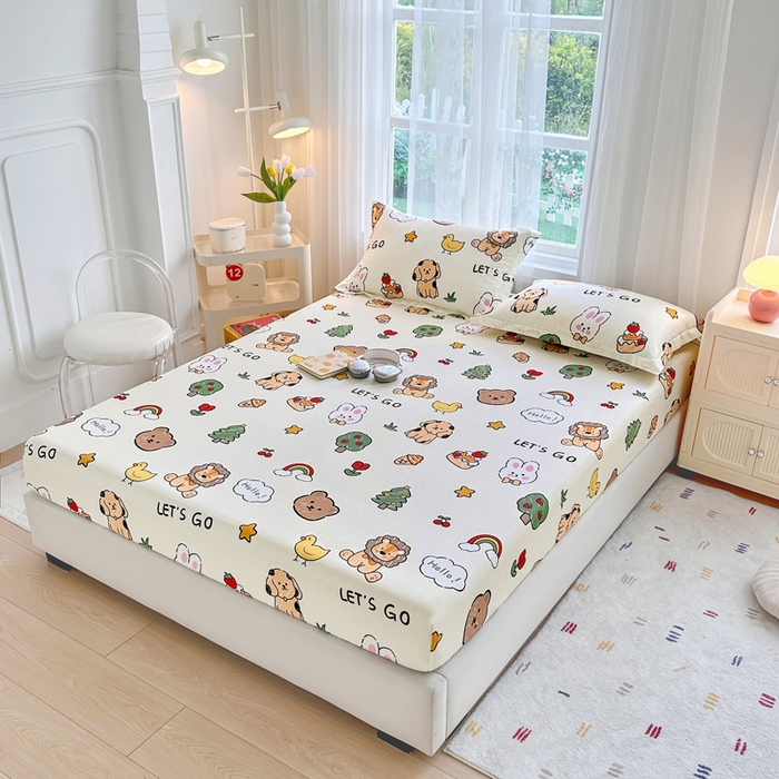 91家纺网 家纺一手货源 找家纺 金盛纺 2025新款13372全棉印花单品床笠 动物园