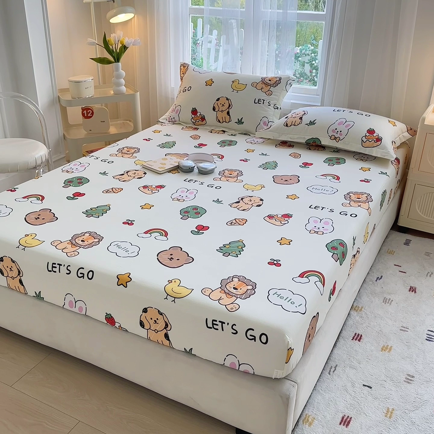 91家纺网 家纺一手货源 找家纺 金盛纺 2025新款13372全棉印花单品床笠 动物园