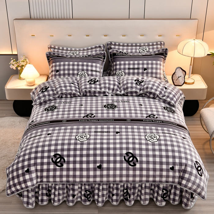 91家纺网 家纺一手货源 找家纺 2025新款230克8.5斤加厚高克重牛奶绒金貂绒法莱绒四件套冬季加绒法兰绒床裙款 小香格