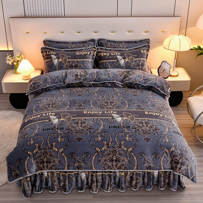 91家纺网 家纺一手货源 找家纺 2025新款230克8.5斤加厚高克重牛奶绒金貂绒法莱绒四件套冬季加绒法兰绒床裙款 盛世年华