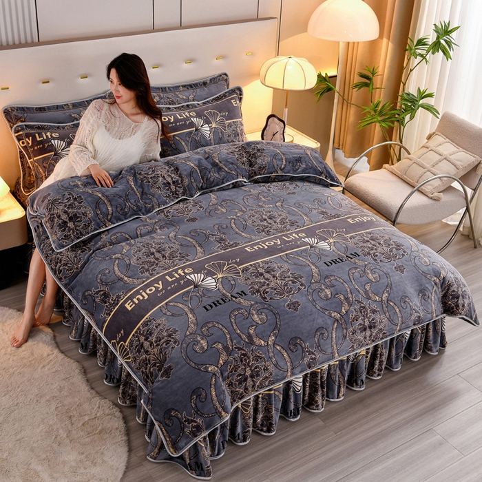 2025新款230克8.5斤加厚高克重牛奶绒金貂绒法莱绒四件套冬季加绒法兰绒床裙款 盛世年华