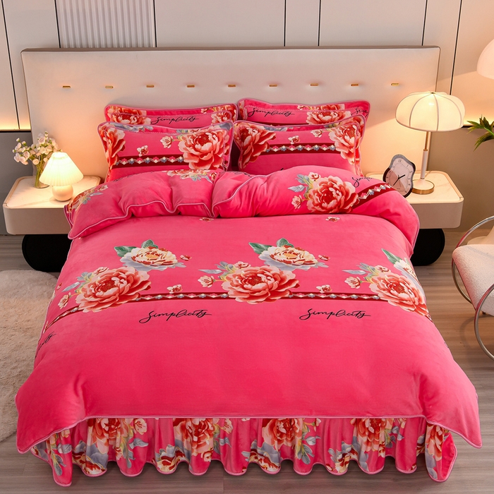 91家纺网 家纺一手货源 找家纺 2025新款230克8.5斤加厚高克重牛奶绒金貂绒法莱绒四件套冬季加绒法兰绒床裙款 牡丹盛开