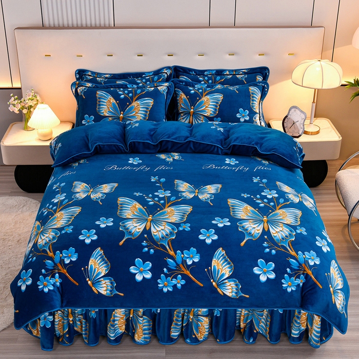 91家纺网 家纺一手货源 找家纺 2025新款230克8.5斤加厚高克重牛奶绒金貂绒法莱绒四件套冬季加绒法兰绒床裙款 梦蝶