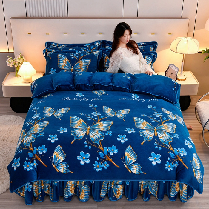 91家纺网 家纺一手货源 找家纺 2025新款230克8.5斤加厚高克重牛奶绒金貂绒法莱绒四件套冬季加绒法兰绒床裙款 梦蝶