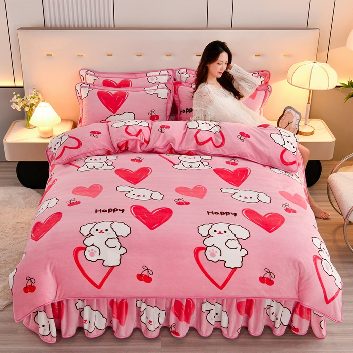 91家纺网 家纺一手货源 找家纺 2025新款230克8.5斤加厚高克重牛奶绒金貂绒法莱绒四件套冬季加绒法兰绒床裙款 萌宠乐园