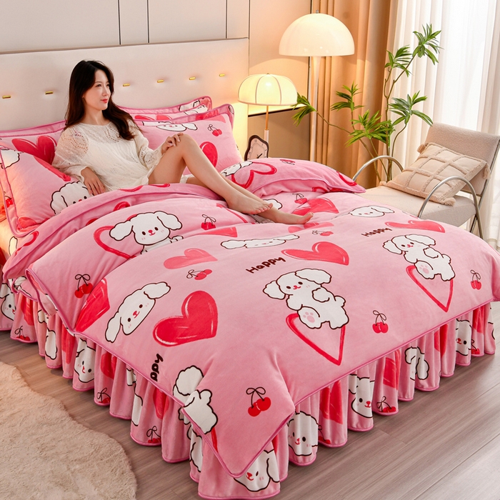 91家纺网 家纺一手货源 找家纺 2025新款230克8.5斤加厚高克重牛奶绒金貂绒法莱绒四件套冬季加绒法兰绒床裙款 萌宠乐园