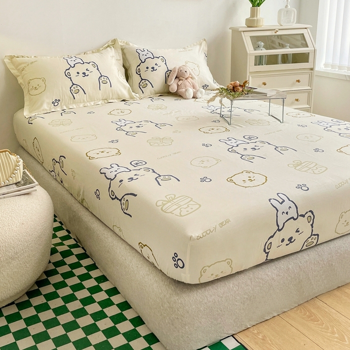 91家纺网 家纺一手货源 找家纺 金盛纺 2025新款13372全棉印花单品床笠 哇塞小熊