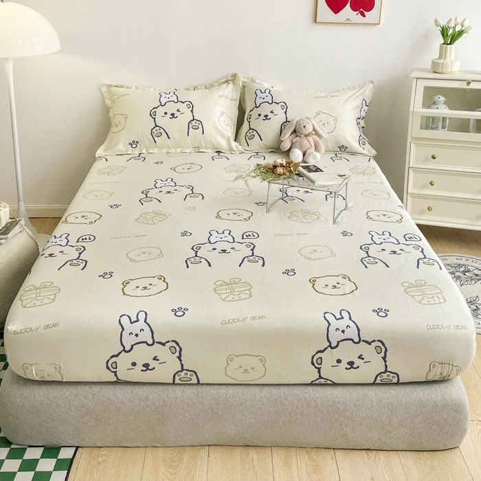 91家纺网 家纺一手货源 找家纺 金盛纺 2025新款13372全棉印花单品床笠 哇塞小熊