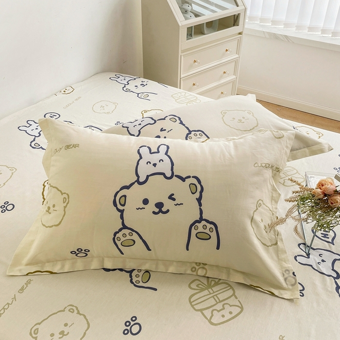 91家纺网 家纺一手货源 找家纺 金盛纺 2025新款13372全棉印花单品床笠 哇塞小熊