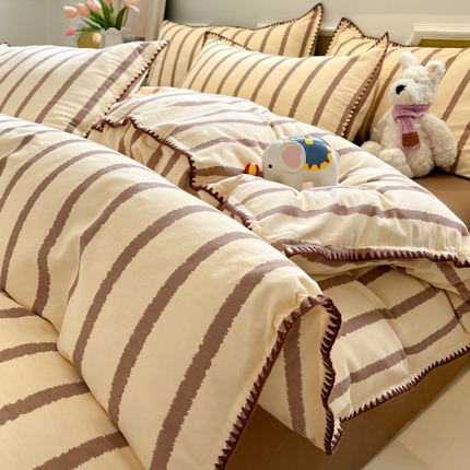 禧澜庭 2025新款秋冬全棉纯棉磨毛贝壳边三角针三四件套 风华-咖