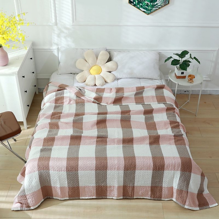 91家纺网 家纺一手货源 找家纺 红淳家纺 2025新款全棉轻奢编织沙发毯空调盖毯薄被 粉大格