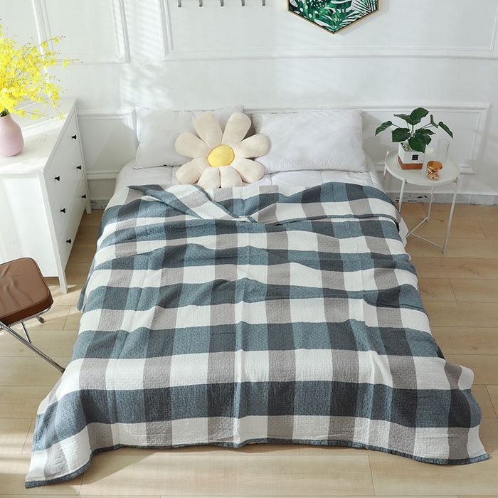 红淳家纺 2025新款全棉轻奢编织沙发毯空调盖毯薄被 灰大格