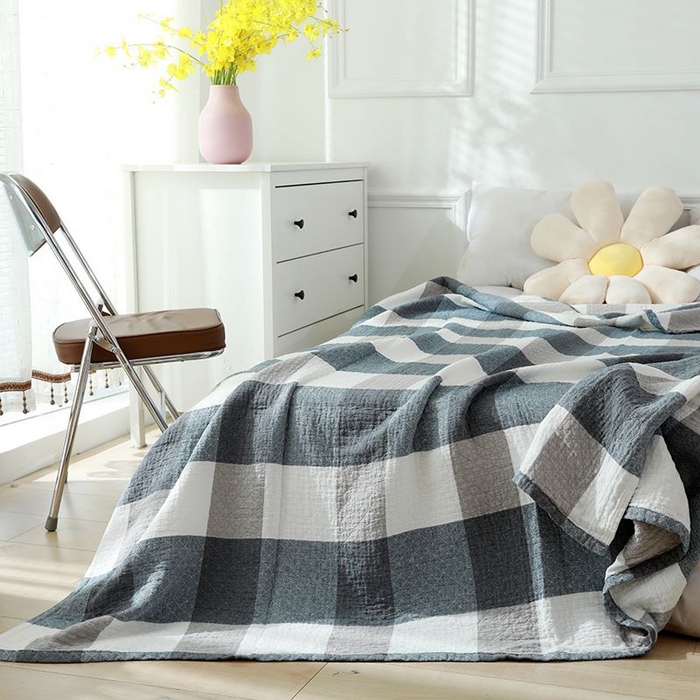 91家纺网 家纺一手货源 找家纺 红淳家纺 2025新款全棉轻奢编织沙发毯空调盖毯薄被 灰大格