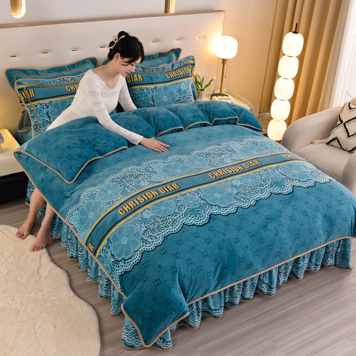 91家纺网 家纺一手货源 找家纺 （总）静缘分 2025新款230克特厚8.5斤牛奶绒金貂绒床裙款保暖四件套