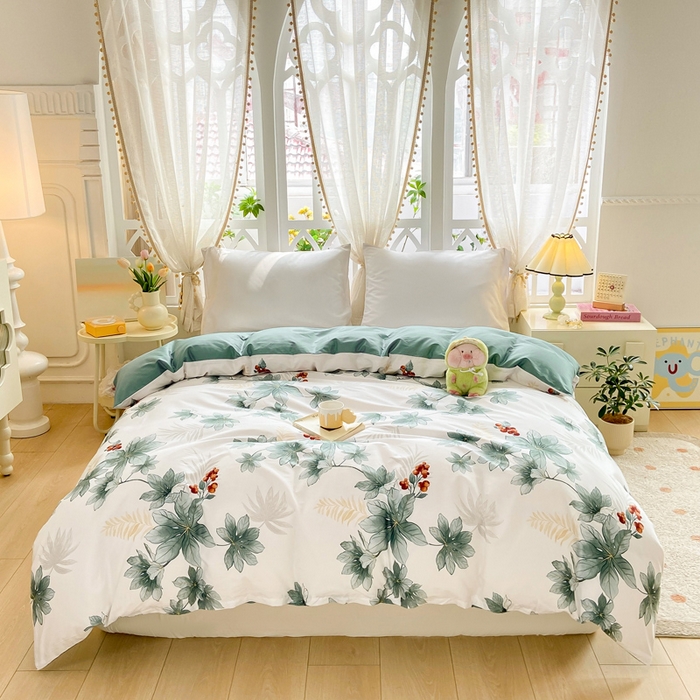 91家纺网 家纺一手货源 找家纺 红淳家纺 2025新款13376全棉活性印花四件套 清风花影