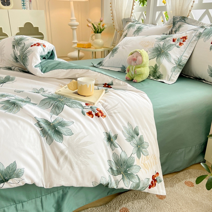 91家纺网 家纺一手货源 找家纺 红淳家纺 2025新款13376全棉活性印花四件套 清风花影