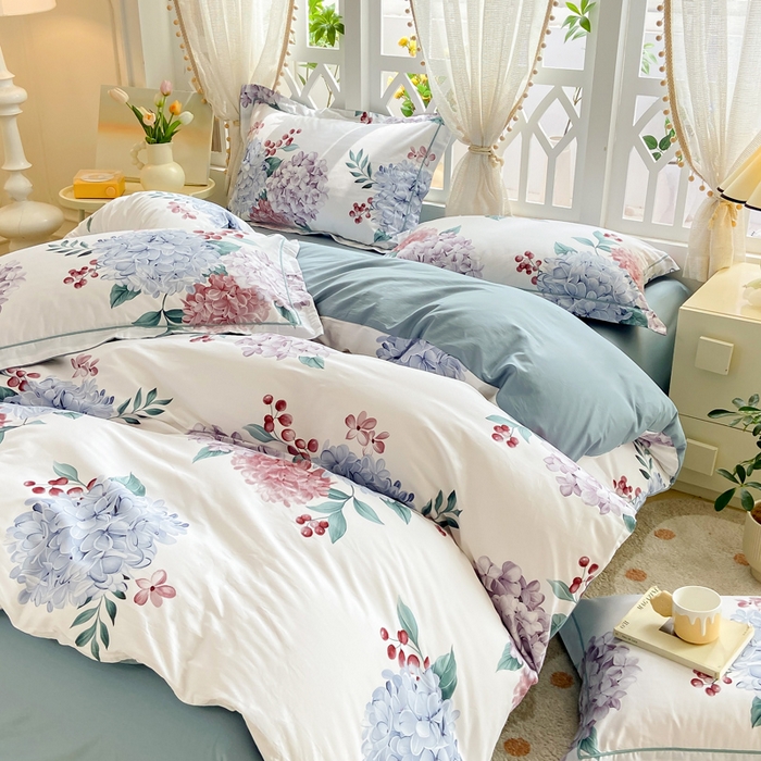 91家纺网 家纺一手货源 找家纺 红淳家纺 2025新款13376全棉活性印花四件套 蓝盈绣球