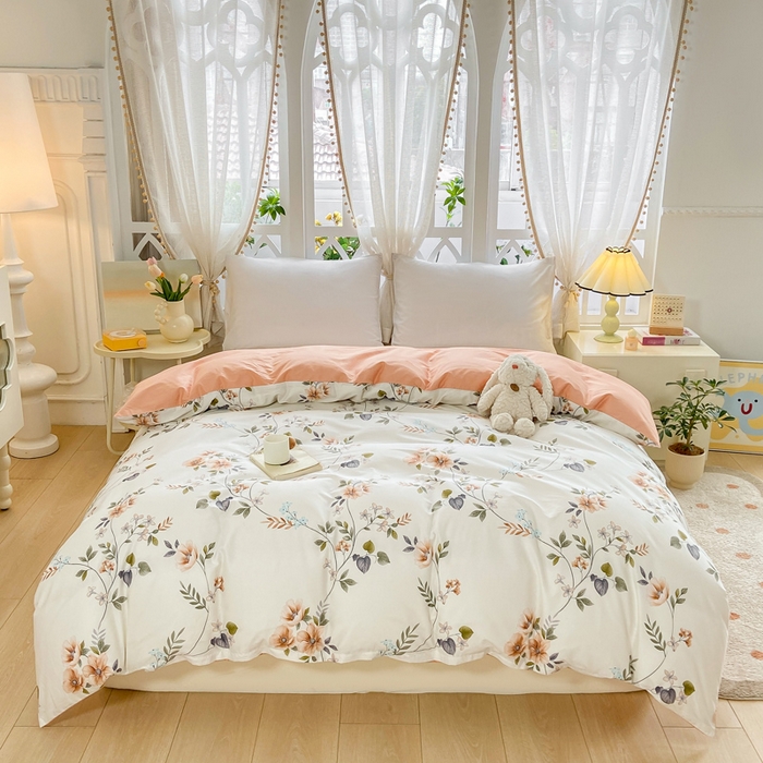 91家纺网 家纺一手货源 找家纺 红淳家纺 2025新款13376全棉活性印花四件套 木槿-白