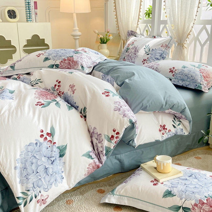 91家纺网 家纺一手货源 找家纺 红淳家纺 2025新款13376全棉活性印花四件套 蓝盈绣球