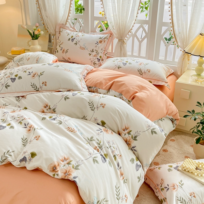 91家纺网 家纺一手货源 找家纺 红淳家纺 2025新款13376全棉活性印花四件套 木槿-白