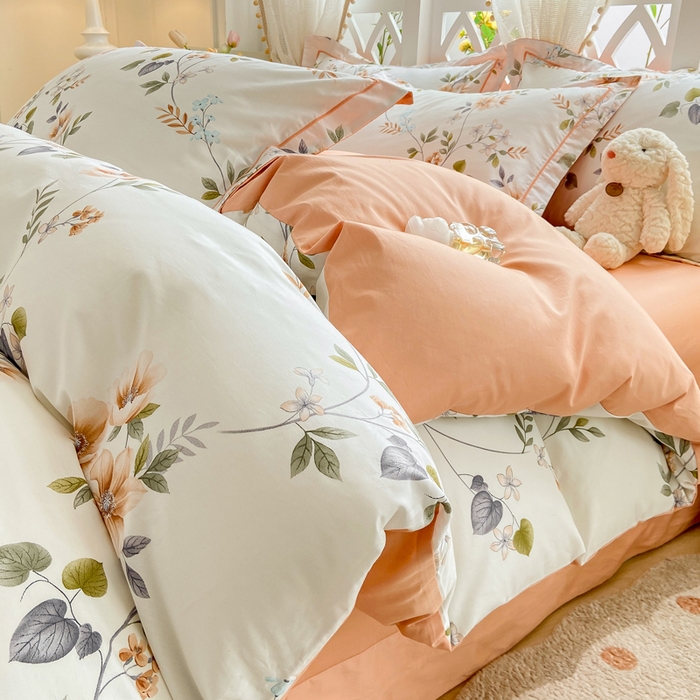 91家纺网 家纺一手货源 找家纺 红淳家纺 2025新款13376全棉活性印花四件套 木槿-白