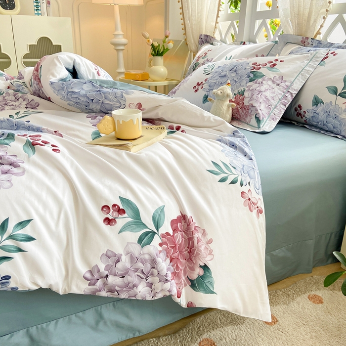 91家纺网 家纺一手货源 找家纺 红淳家纺 2025新款13376全棉活性印花四件套 蓝盈绣球