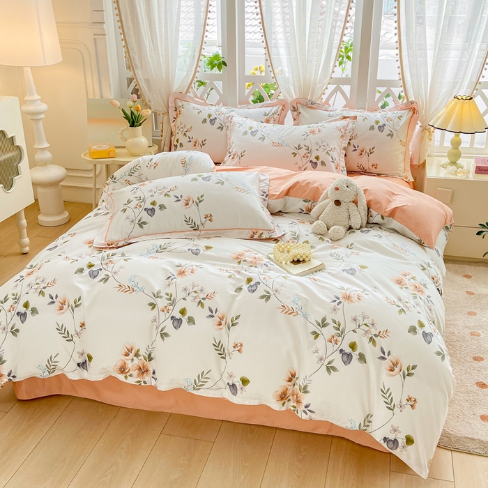 91家纺网 家纺一手货源 找家纺 红淳家纺 2025新款13376全棉活性印花单品被套 木槿-白