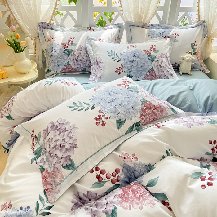 91家纺网 家纺一手货源 找家纺 红淳家纺 2025新款13376全棉活性印花单品床单 蓝盈绣球