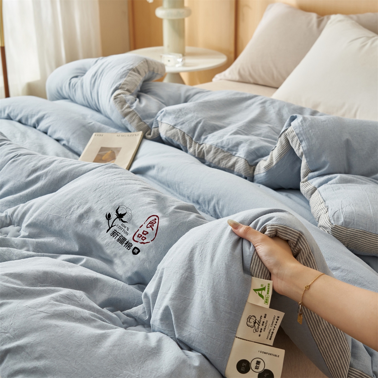 91家纺网 家纺一手货源 找家纺 恬思语家纺 2025秋冬新款立体里外全棉纯棉棉花冬被被子被芯 雅致-蓝