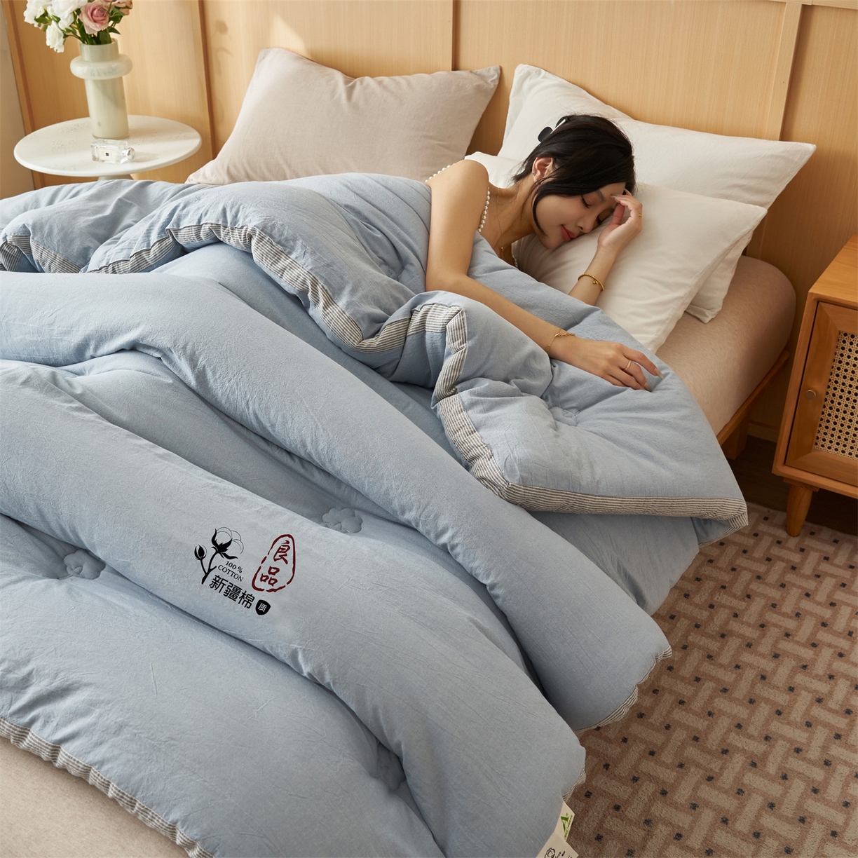 91家纺网 家纺一手货源 找家纺 恬思语家纺 2025秋冬新款立体里外全棉纯棉棉花冬被被子被芯 雅致-蓝