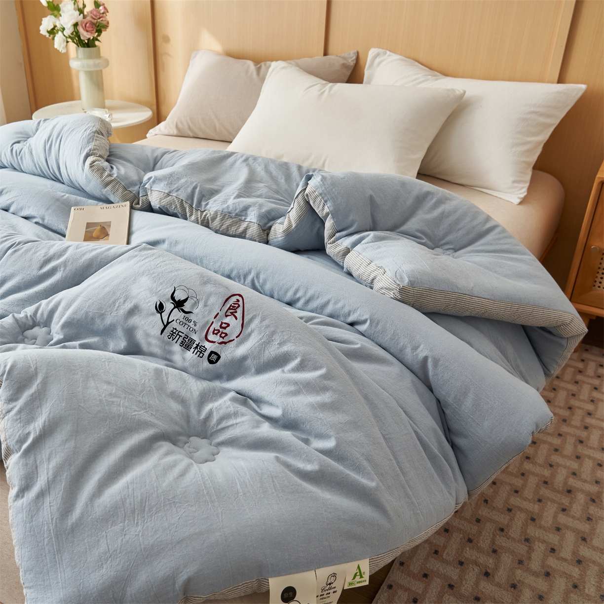 91家纺网 家纺一手货源 找家纺 恬思语家纺 2025秋冬新款立体里外全棉纯棉棉花冬被被子被芯 雅致-蓝