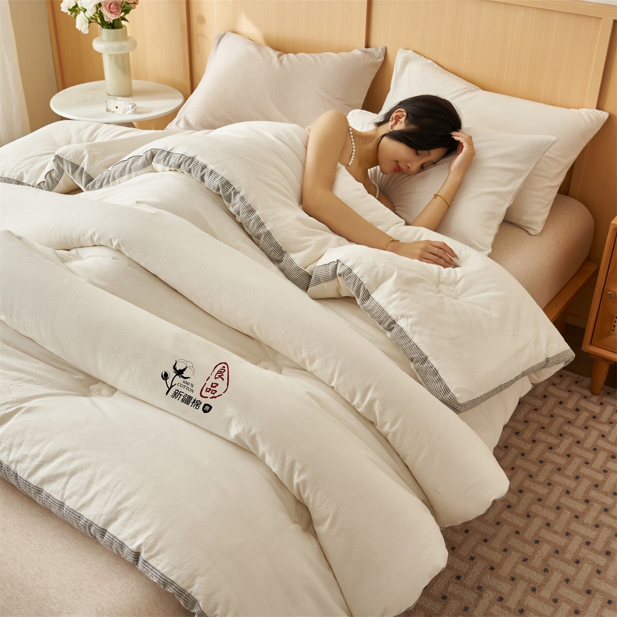 91家纺网 家纺一手货源 找家纺 恬思语家纺 2025秋冬新款立体里外全棉纯棉棉花冬被被子被芯 雅致-白