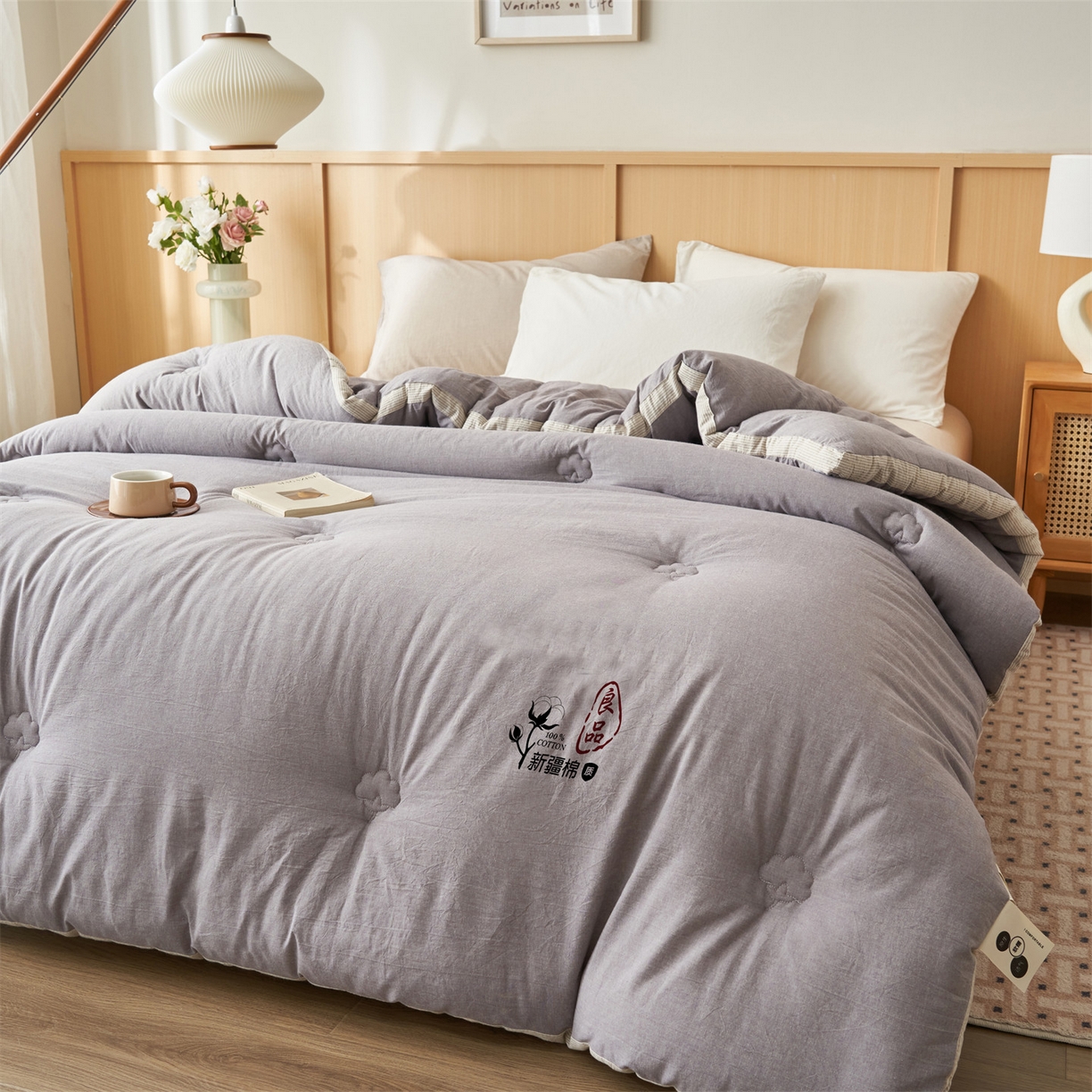 91家纺网 家纺一手货源 找家纺 恬思语家纺 2025秋冬新款立体里外全棉纯棉棉花冬被被子被芯 雅致-灰