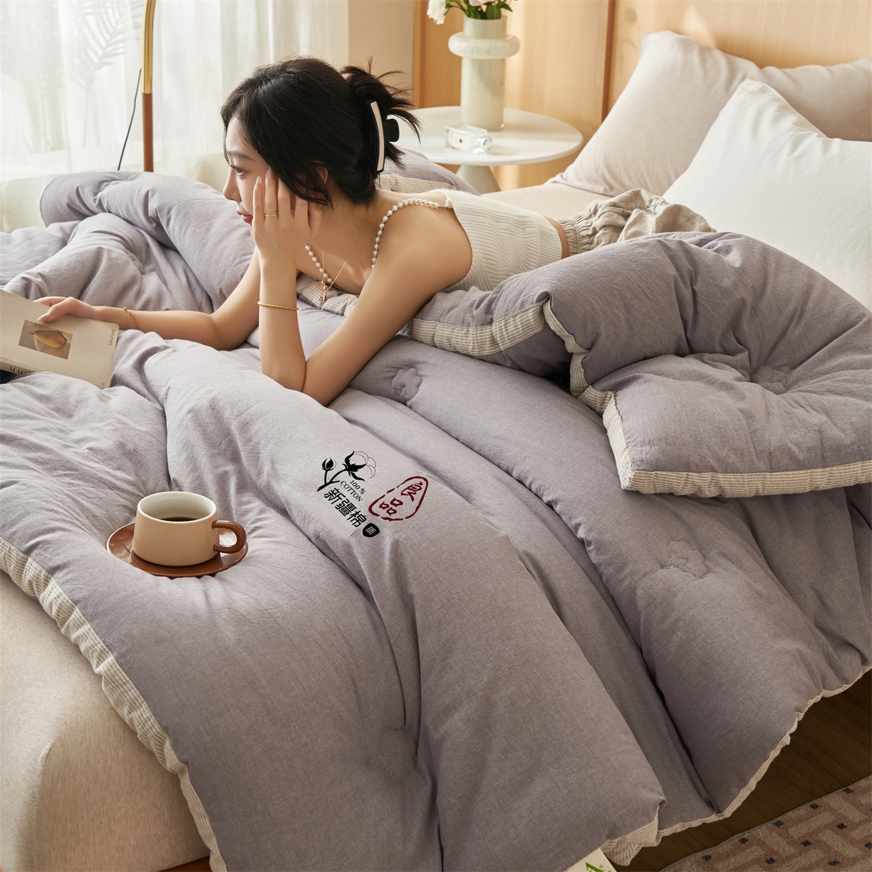 91家纺网 家纺一手货源 找家纺 恬思语家纺 2025秋冬新款立体里外全棉纯棉棉花冬被被子被芯 雅致-灰