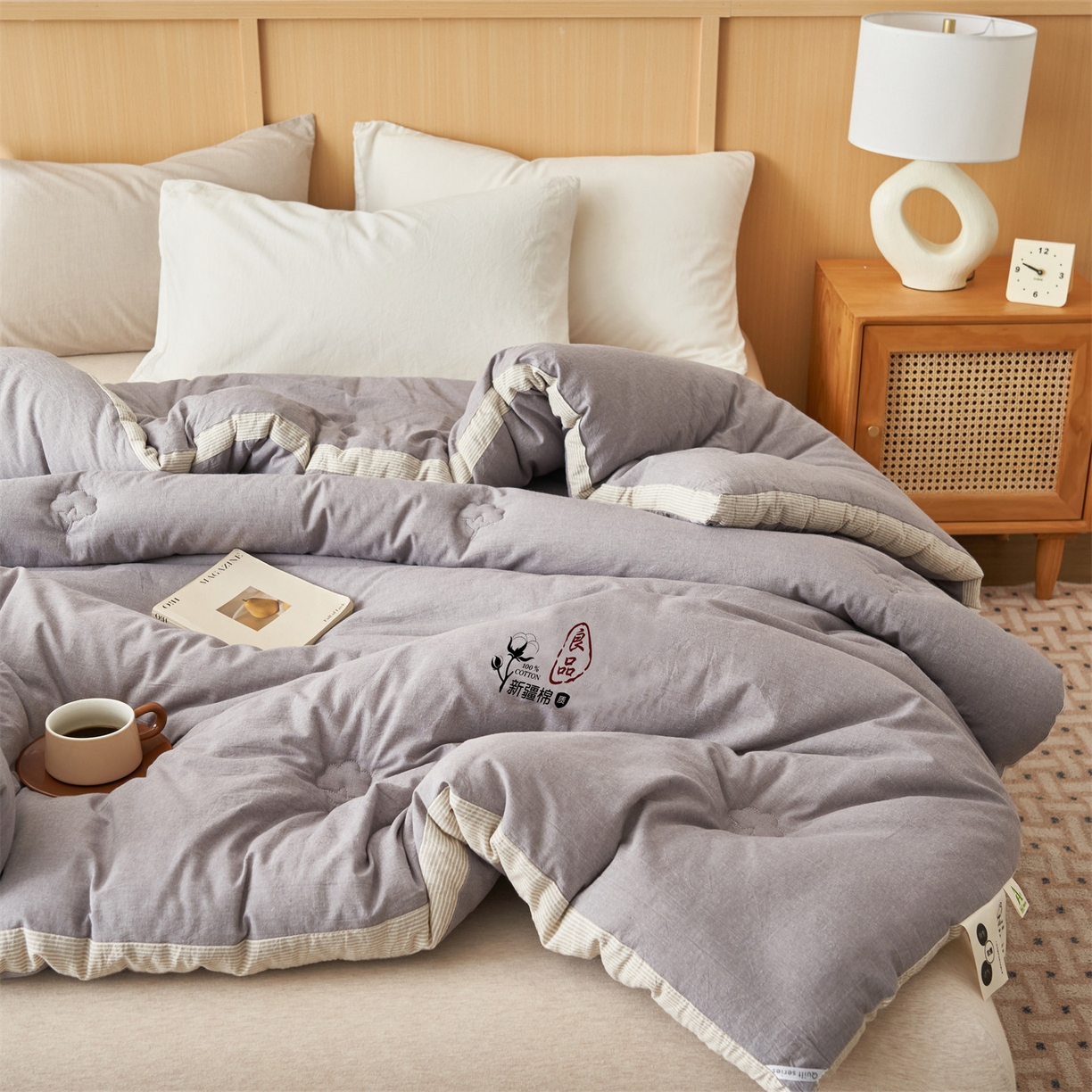 91家纺网 家纺一手货源 找家纺 恬思语家纺 2025秋冬新款立体里外全棉纯棉棉花冬被被子被芯 雅致-灰
