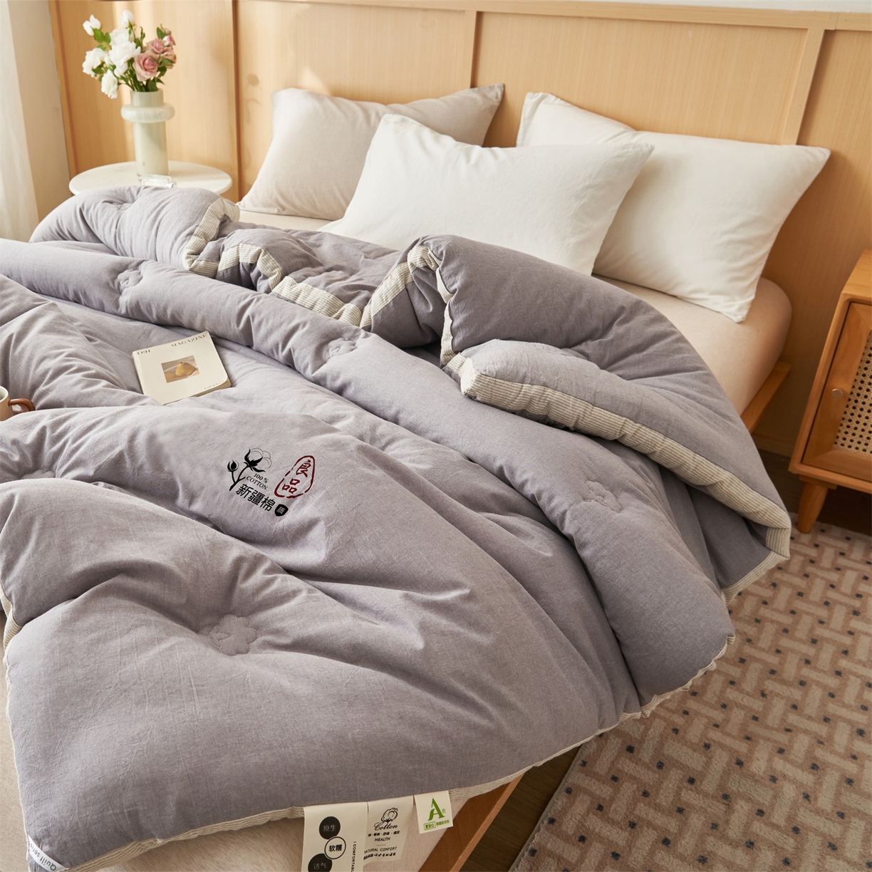91家纺网 家纺一手货源 找家纺 恬思语家纺 2025秋冬新款立体里外全棉纯棉棉花冬被被子被芯 雅致-灰