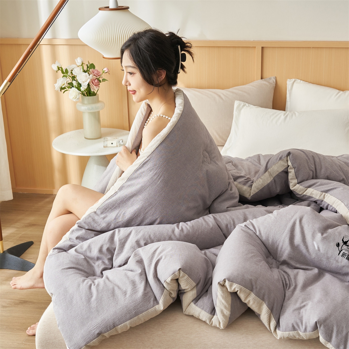 91家纺网 家纺一手货源 找家纺 恬思语家纺 2025秋冬新款立体里外全棉纯棉棉花冬被被子被芯 雅致-灰