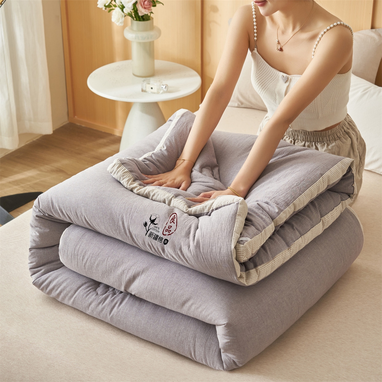 91家纺网 家纺一手货源 找家纺 恬思语家纺 2025秋冬新款立体里外全棉纯棉棉花冬被被子被芯 雅致-灰