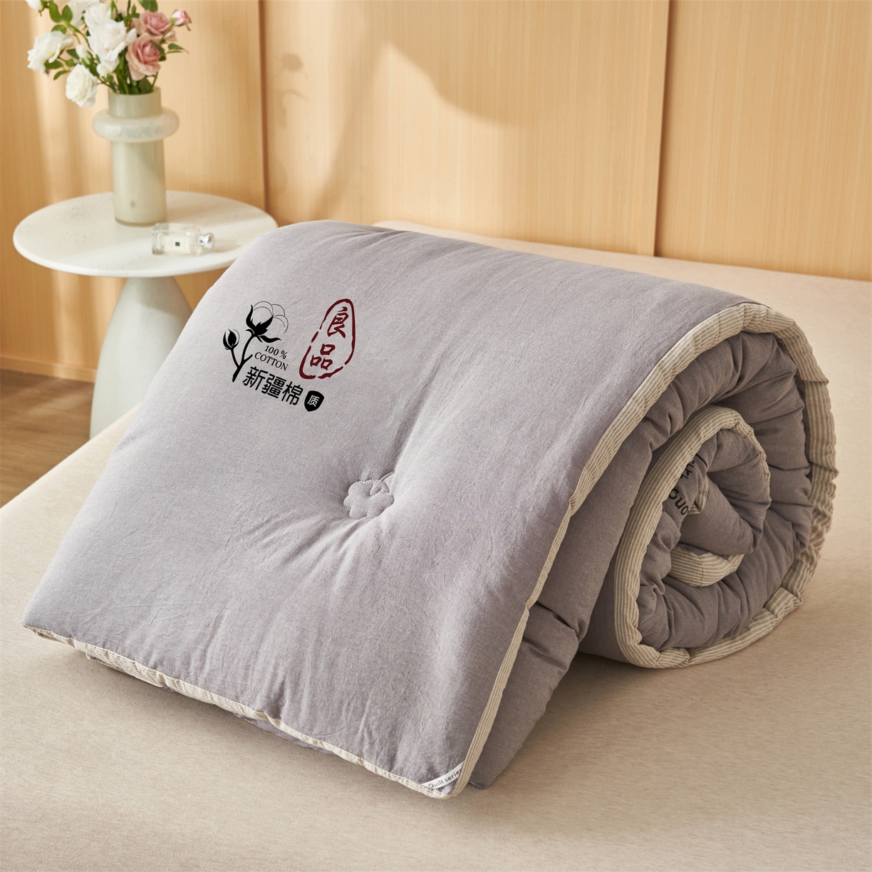 91家纺网 家纺一手货源 找家纺 恬思语家纺 2025秋冬新款立体里外全棉纯棉棉花冬被被子被芯 雅致-灰