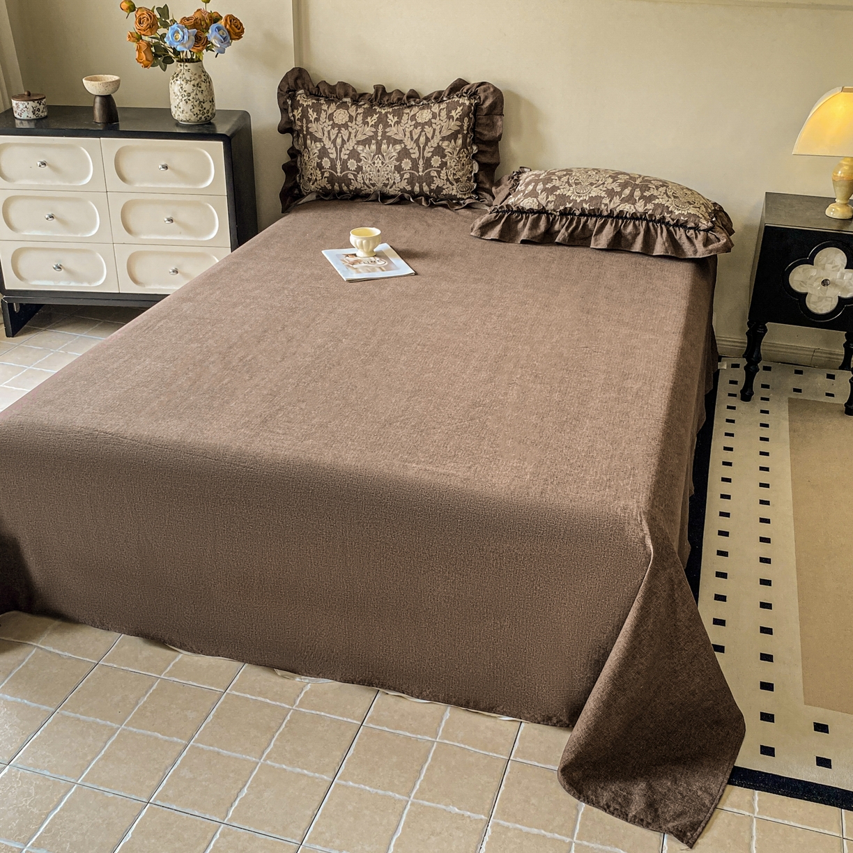 91家纺网 家纺一手货源 找家纺 （总）仟网汇 2025新款复古风亚麻原麻花边四件套