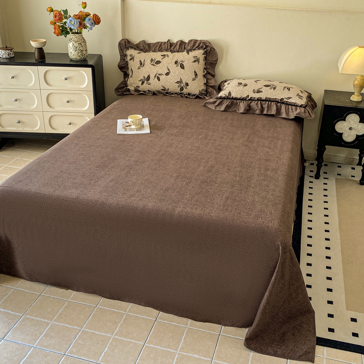 91家纺网 家纺一手货源 找家纺 仟网汇 2025新款复古风亚麻原麻花边四件套 叶影