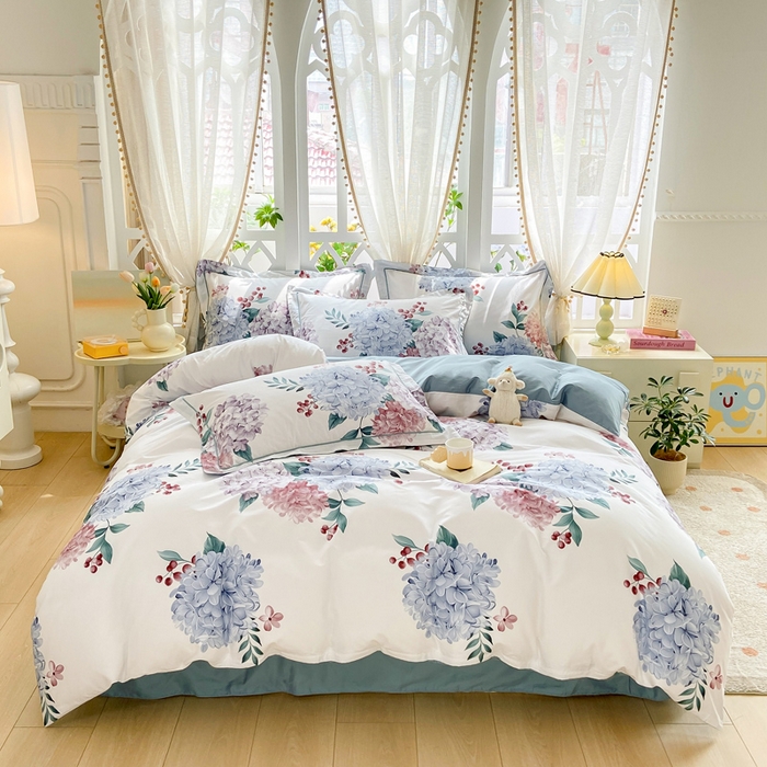 91家纺网 家纺一手货源 找家纺 红淳家纺 2025新款13376全棉活性印花单品枕套 蓝盈绣球