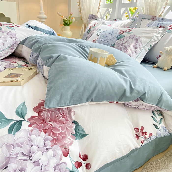 91家纺网 家纺一手货源 找家纺 红淳家纺 2025新款13376全棉活性印花单品枕套 蓝盈绣球