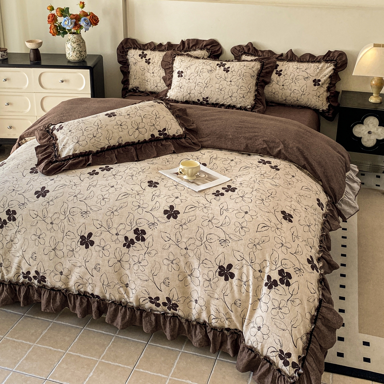 91家纺网 家纺一手货源 找家纺 仟网汇 2025新款复古风亚麻原麻花边四件套 写意