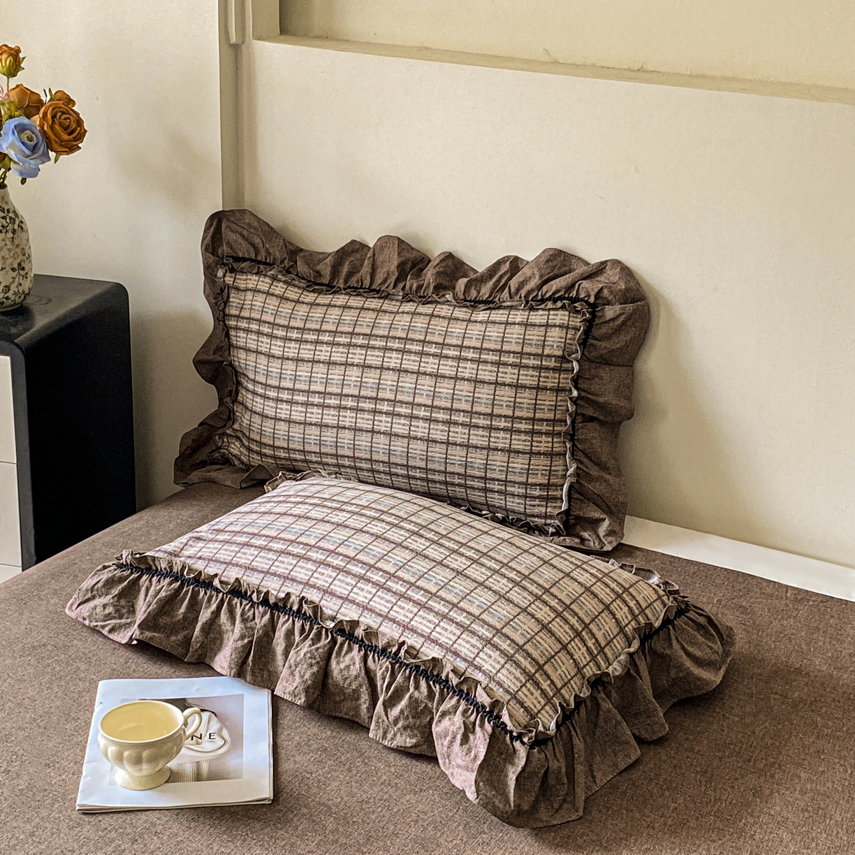 91家纺网 家纺一手货源 找家纺 仟网汇 2025新款复古风亚麻原麻花边四件套 格韵