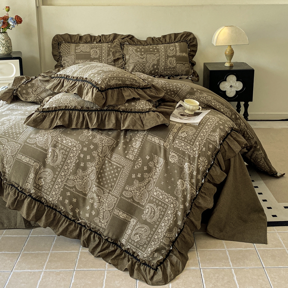 91家纺网 家纺一手货源 找家纺 仟网汇 2025新款复古风亚麻原麻花边四件套 绿野仙踪