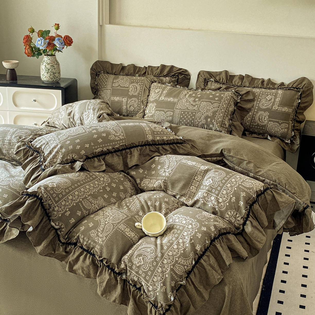 91家纺网 家纺一手货源 找家纺 仟网汇 2025新款复古风亚麻原麻花边四件套 绿野仙踪