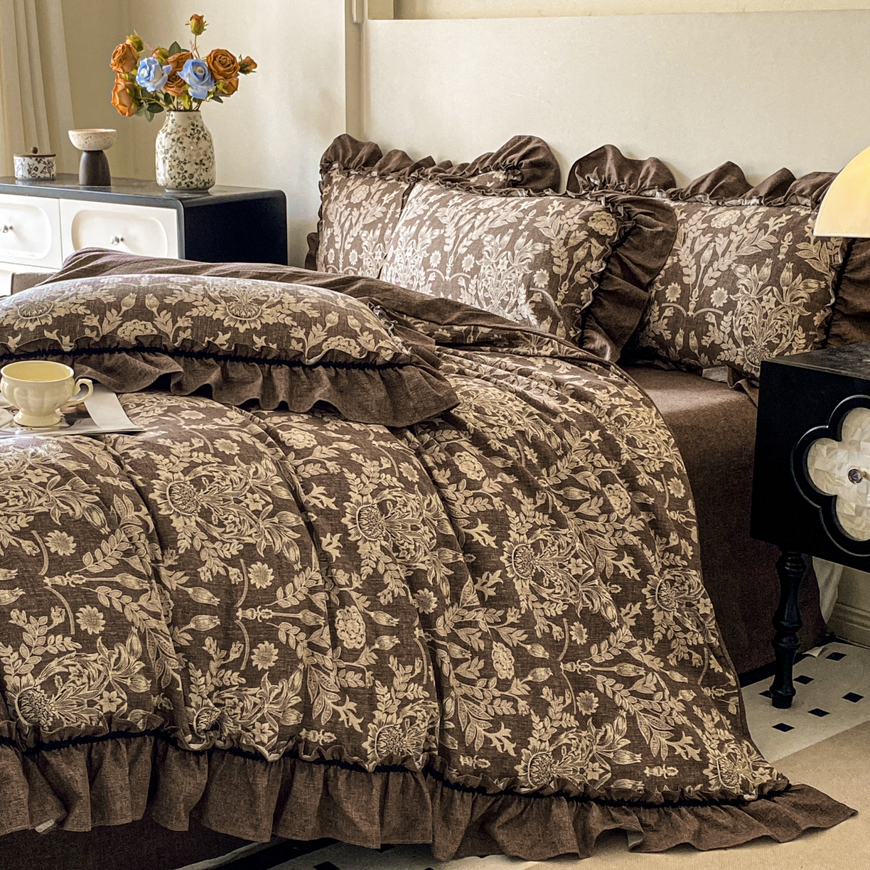 91家纺网 家纺一手货源 找家纺 （总）仟网汇 2025新款复古风亚麻原麻花边四件套