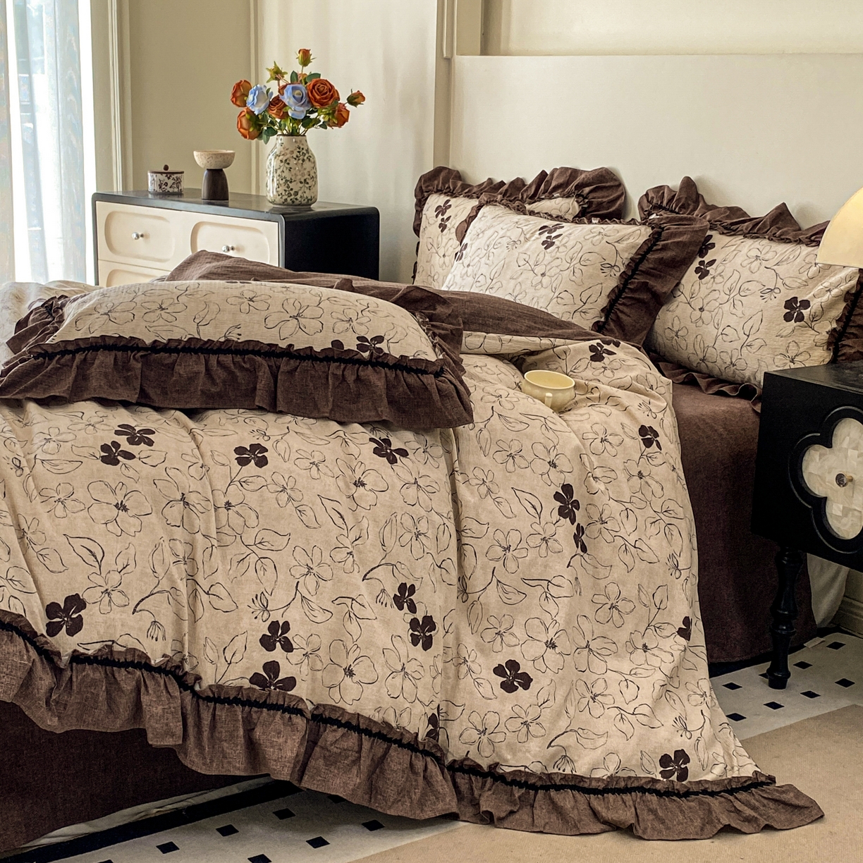 91家纺网 家纺一手货源 找家纺 仟网汇 2025新款复古风亚麻原麻花边四件套 写意